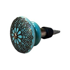 Gorgeous Aqua Ceramic Bottle Stopper with Metal Filagree